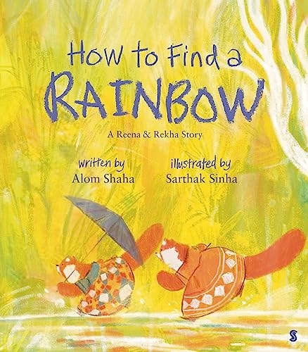 Book cover: two foxes under umbrellas in a yellow, painted landscape.