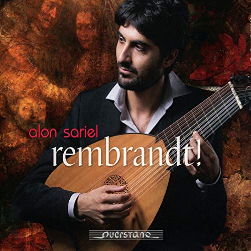 Man in dark jacket holding lute, against a textured, earth-toned background with red accents.