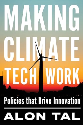 Book cover with large white text, a wind turbine, and a sunset silhouette.