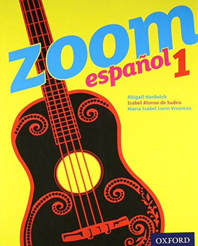 “Zoom español 1” textbook cover with a colorful guitar illustration.