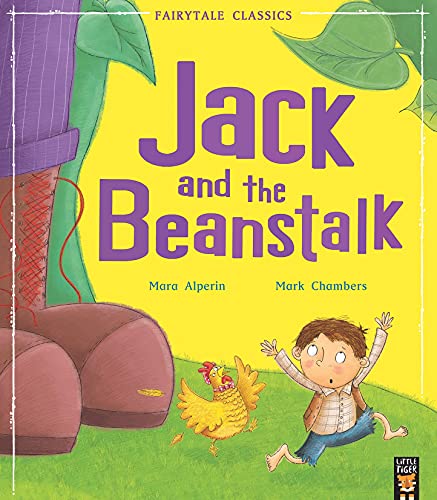 Book cover showing a giant's boot, a running boy, and a hen on yellow.