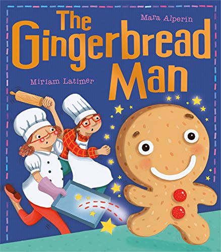 Book cover featuring a smiling gingerbread man running from two chefs in a kitchen.