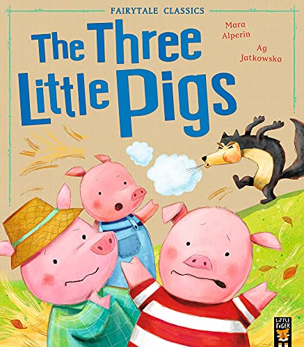 Book cover showing three pigs looking worried as a wolf blows air at them.