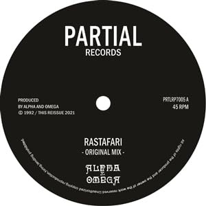 Black vinyl record label with white text: "Alpha And Omega - Rastafari".