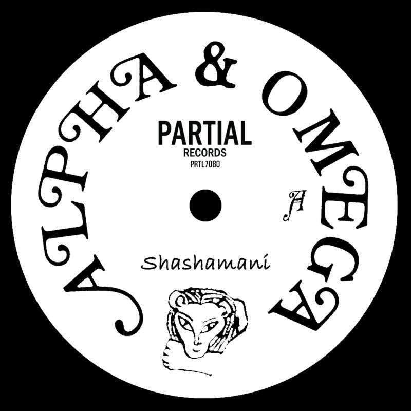 Black and white vinyl record label with text and a portrait illustration.