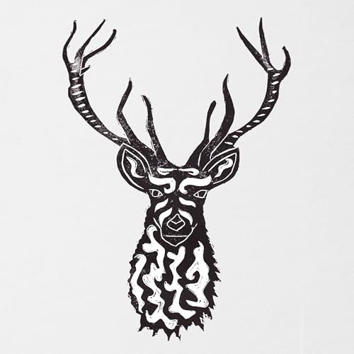 Black and white illustration of a stag’s head with ornate markings.