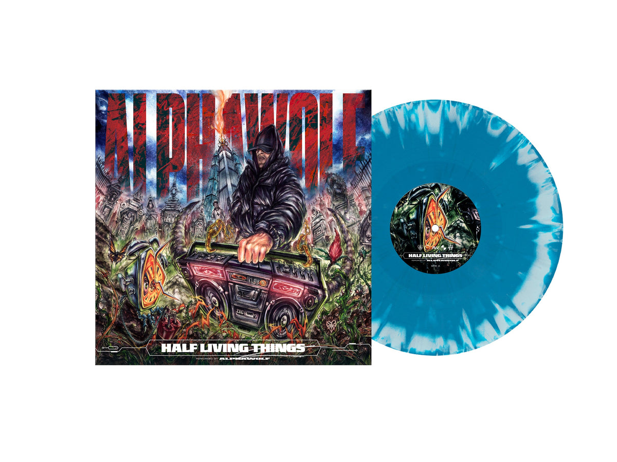 Album cover and blue marble vinyl record for Alpha Wolf’s “Half Living Things.”