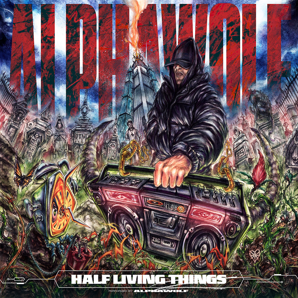 CD cover: hooded figure with boombox in a dystopian, ruined cityscape.