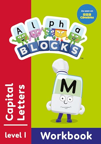 Alphablocks workbook cover with cartoon letter characters and red/green background.