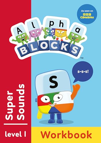 Alphablocks Super Sounds workbook cover featuring the character S and other Alphablocks characters.
