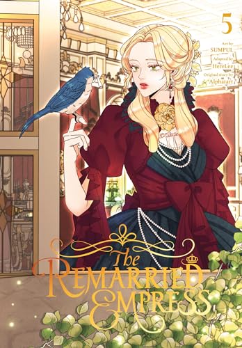 Manga cover: blonde woman in red dress with a blue bird.