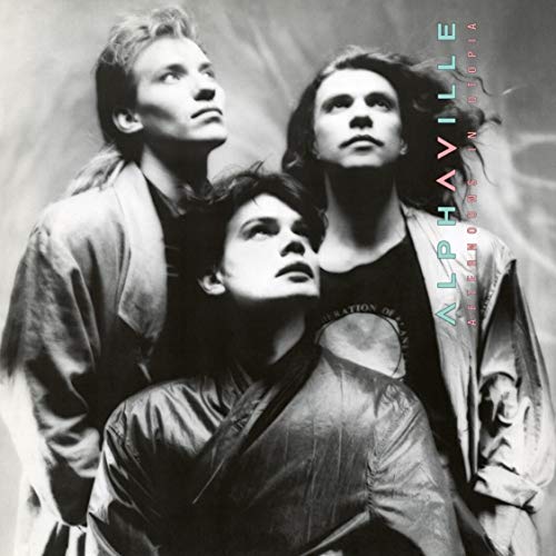 "Black and white album cover with three men, text 'Alphaville Afternoons in Utopia' on right."