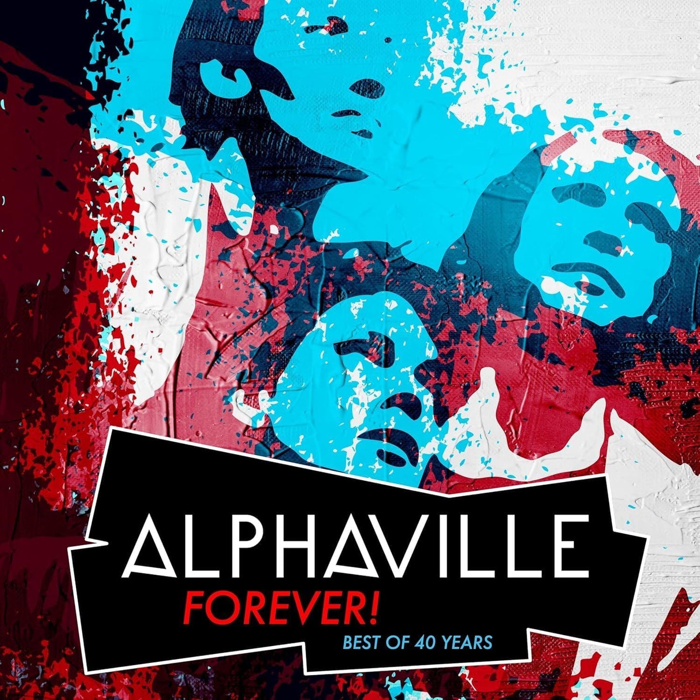 Alphaville album cover with band members’ faces in red, white, and blue.