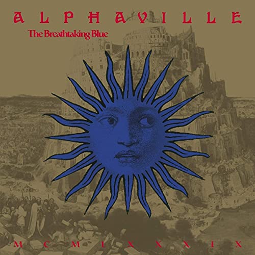 Vinyl record cover: Alphaville, blue sun with face, city background.