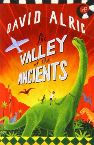 Book cover: dinosaur, airplane, and children in a vibrant, illustrated valley.