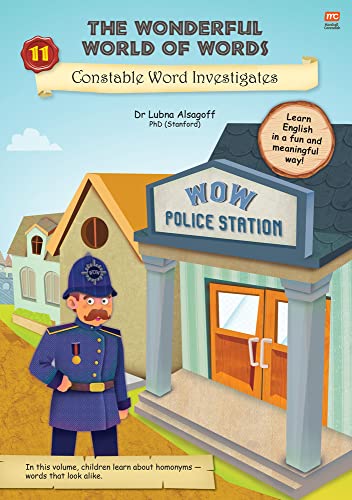 Book cover with cartoon police station, officer, and text about words.