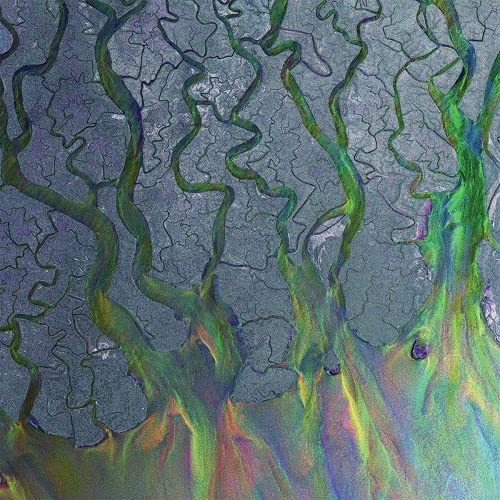 Aerial view of a river delta with green channels flowing into iridescent, colorful water.