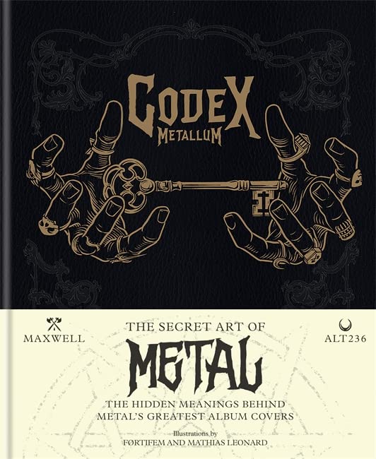 Black book cover with hands, key, and ornate gold lettering: "Codex Metallum".