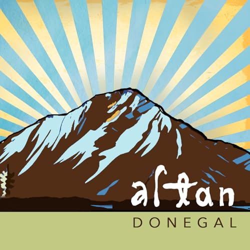 Stylized illustration of a mountain against a blue and yellow sunburst background.