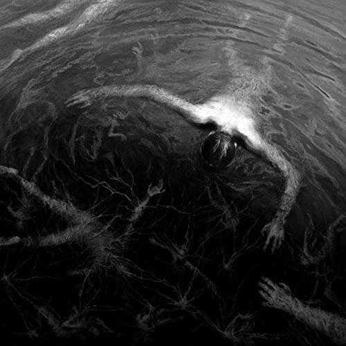 Dark, swirling monochrome artwork depicting a figure submerged in water.