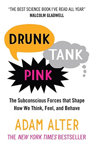 Book cover with bold text "Drunk Tank Pink" and abstract shapes.