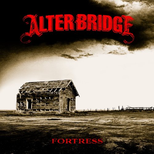 Abandoned wooden shack under a stormy sky with Alter Bridge and Fortress text overlay.