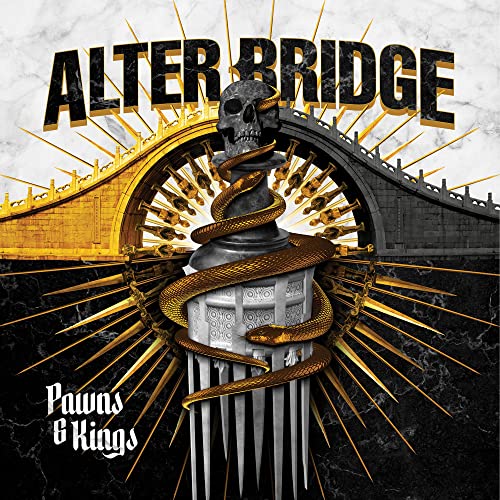 Alter Bridge’s “Pawns & Kings” album cover with skull, snake, and bridge imagery.