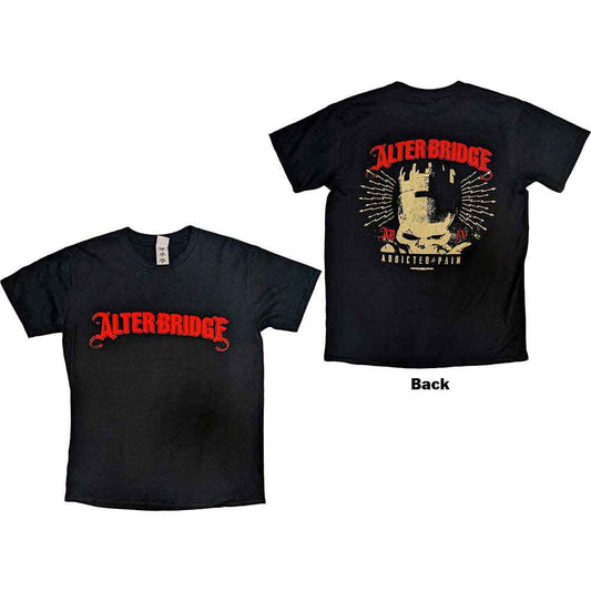 Black unisex t-shirt with large “Addicted To Pain” back print, size X-Large.