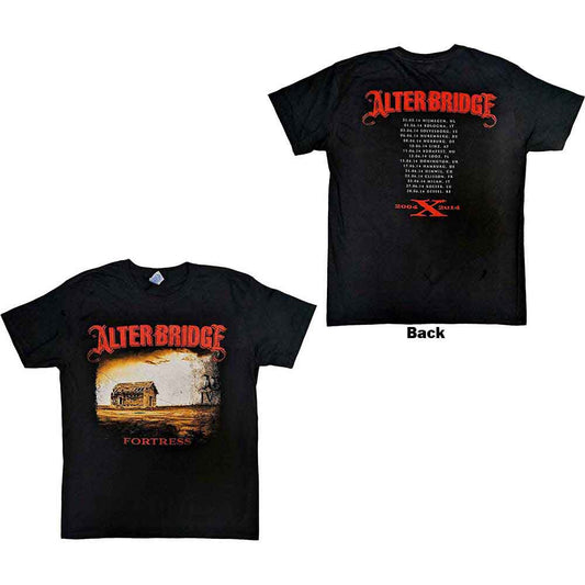Black unisex t-shirt with white back print of Alter Bridge’s Fortress tour dates.