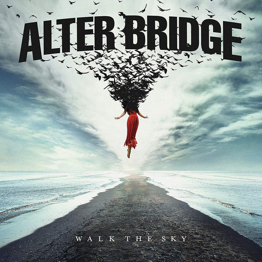"Album cover: woman floating on a beach path with birds flying from her head."