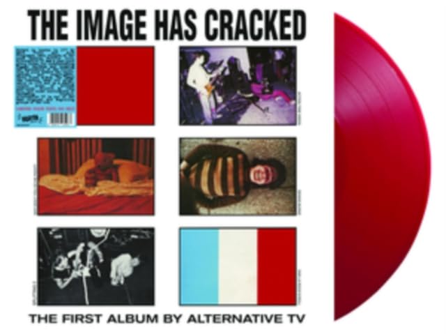 Red vinyl record with album cover featuring fragmented black and white images.