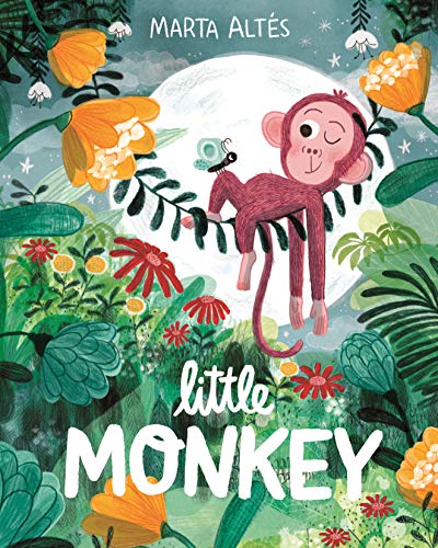 Book cover: pink monkey hangs from vines under a full moon.