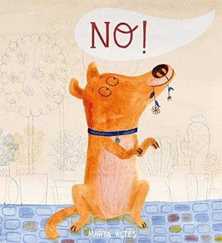 Illustration of an orange dog with pleading eyes and a speech bubble saying "NO!".