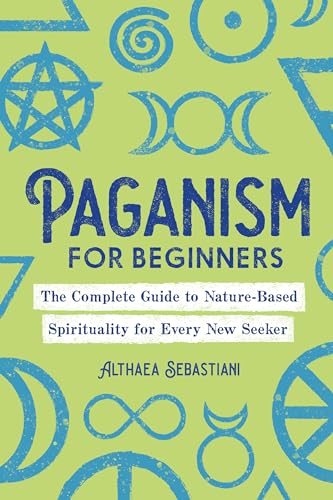 Book cover with green background, pagan symbols, and title “Paganism for Beginners.”