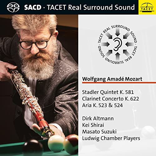 CD cover featuring a bearded man holding a clarinet, Mozart music listed.