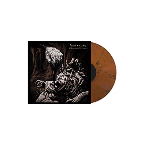 Dark vinyl record with brown splatters in a black sleeve with a grotesque image.