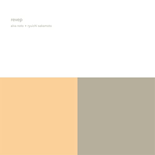 Album cover with text revep alva noto + ryuichi sakamoto over white, peach, and grey.