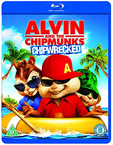 "Blu-ray case with cartoon chipmunks in a raft, tropical island background."