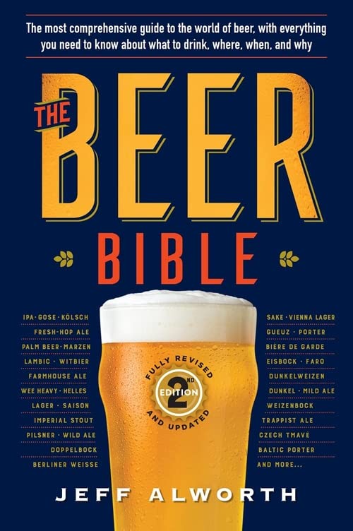 Book cover for "The Beer Bible," second edition, with beer glass image.