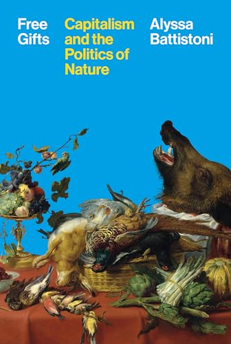 Book cover with white and yellow text over a blue background and still-life painting.