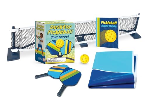 Miniature pickleball set with net, paddles, balls, and instruction booklet.