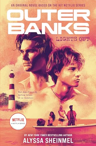 Book cover for "Outer Banks: Lights Out" featuring two young men and a lighthouse.