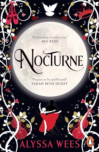 Book cover for "Nocturne" with moon, dancers, and floral designs.