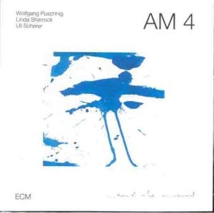 Album cover with abstract blue figure on white background, titled "AM 4".