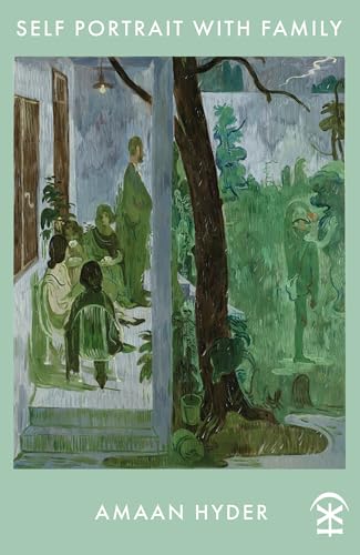 Painted scene of figures in a garden, viewed through a doorway.