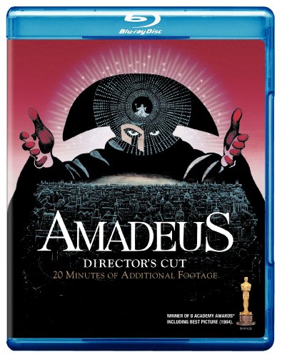 Blu-ray cover for "Amadeus" featuring a silhouette of Mozart in black.