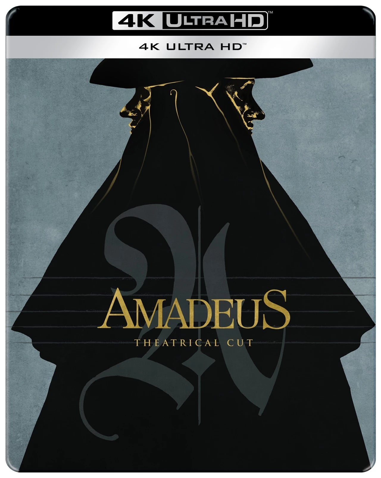 Amadeus" 4K Ultra HD Blu-ray cover with silhouetted figures and gold text.