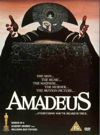 DVD cover for "Amadeus" featuring a masked figure and city skyline.