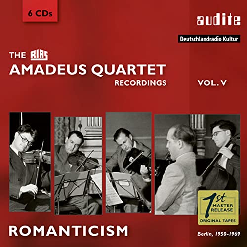 CD cover for Amadeus Quartet recordings, featuring musicians playing instruments.