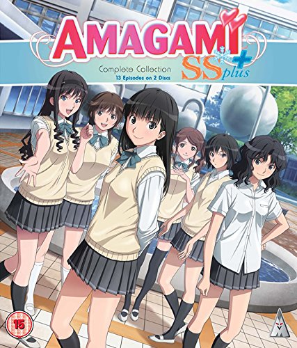 Anime cover art featuring six schoolgirls in uniform standing in a courtyard.